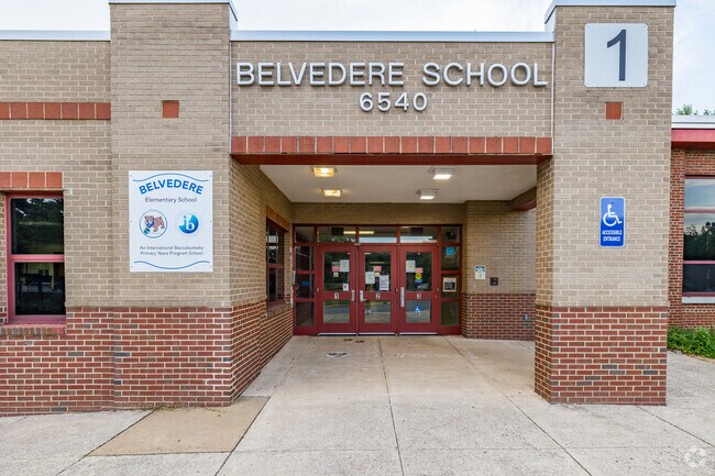 The main entrance at Belvedere Elementary School, located in Lake Barcroft.