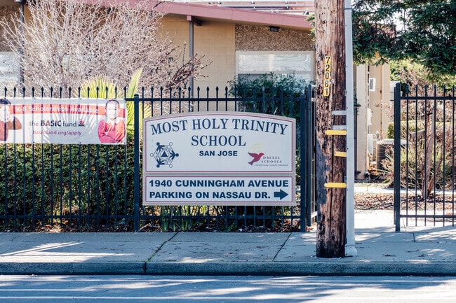 The signage of Most Holy Trinity School in San Jose, California.