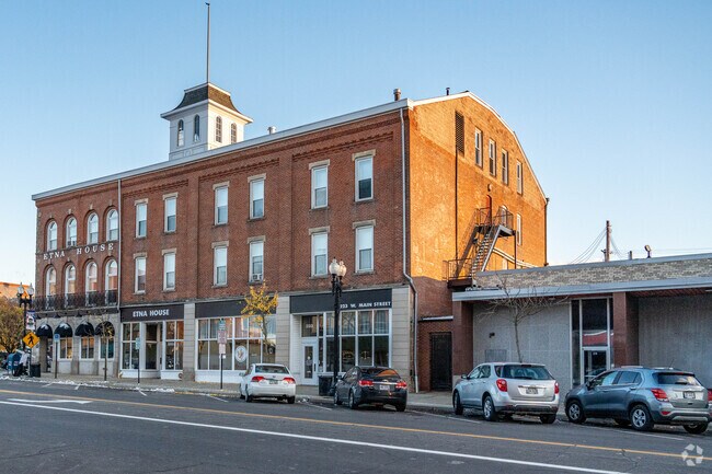Brick buildings line Main Street downtown Ravenna.