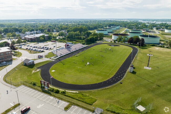 Aerial view of the track and field at South Portland High School.
