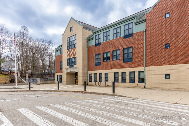 A cross walk leading up to the South Elementary School in Stoneham, MA.