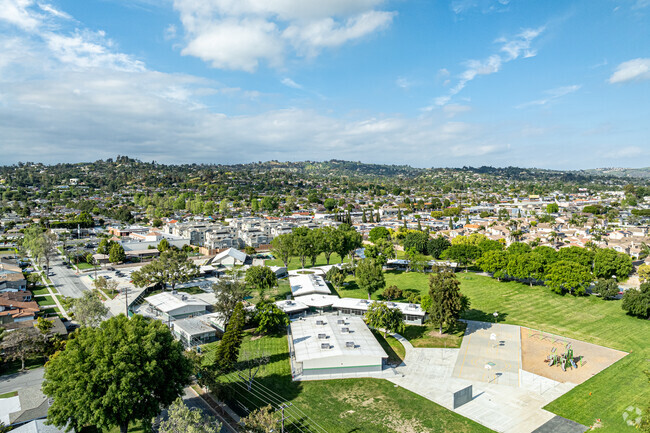 An aerial view of the athletic courts and fields at Jordan Elementary School in Whittier.