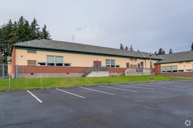 Teacher parking and the back side of Hathaway Elementary School.