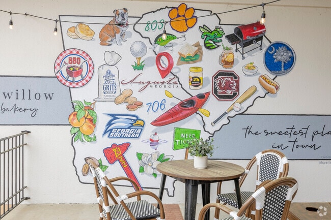 A mural depicting Georgia and SC graces Southern Willow Market's outside seating.