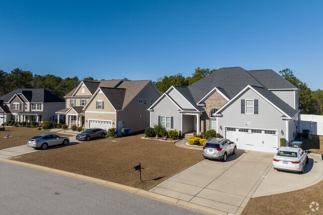 New contemporary homes with well-kept lawns in the Pine Forest neighborhood.