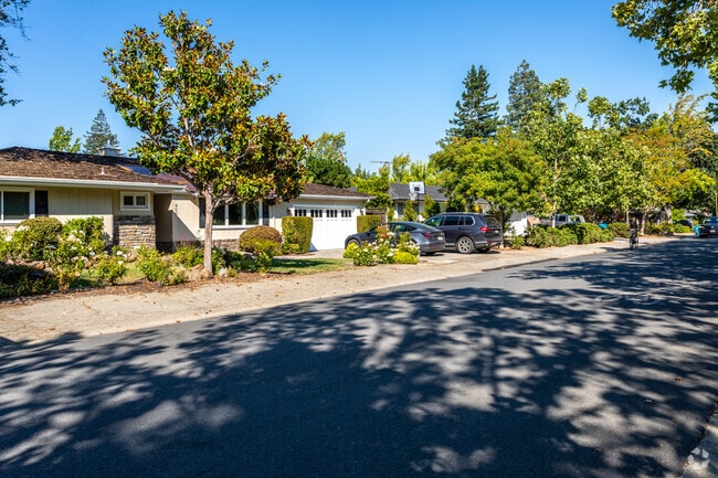 A row of ranch homes in a secure community in Central Menlo Park.
