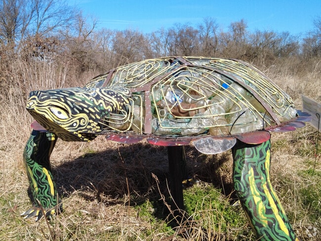 This turtle sculpture near Kingman Lake in Langston is made out of several different materials.