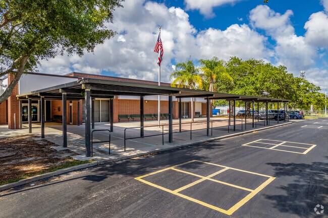 Bauder Elementary School has a covered waiting area near the bus line.