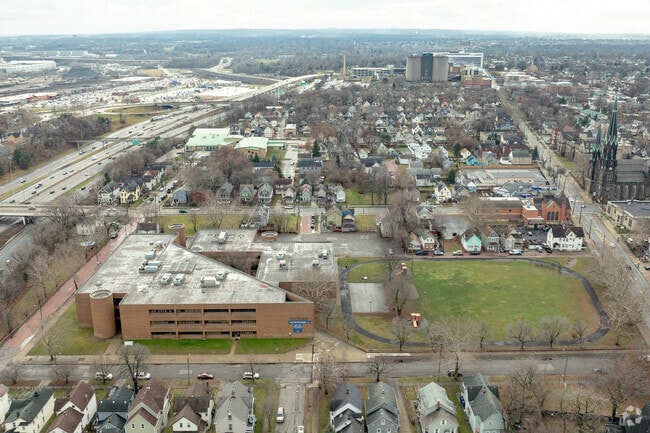 Aerial view of Luis Muñoz Marin Dual Language Academy sits along highway I71.