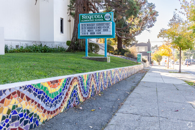 Rainbows and art greet students as they arrive to Sequoia Elementary School in Oakland.