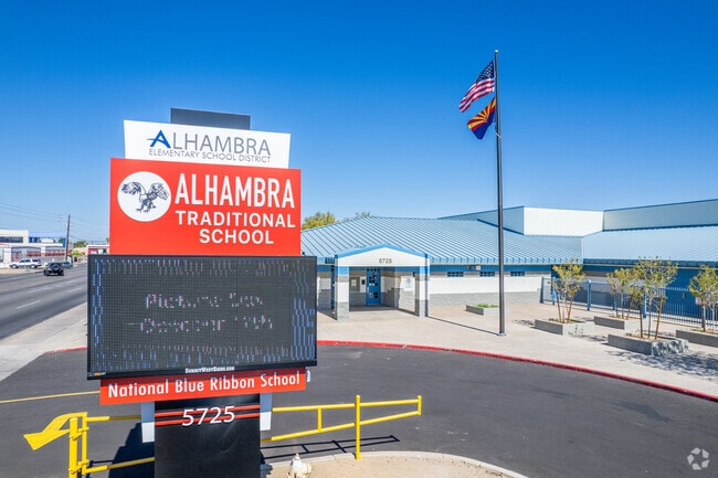 The welcoming monument sign of Alhambra Traditional School in Phoenix.