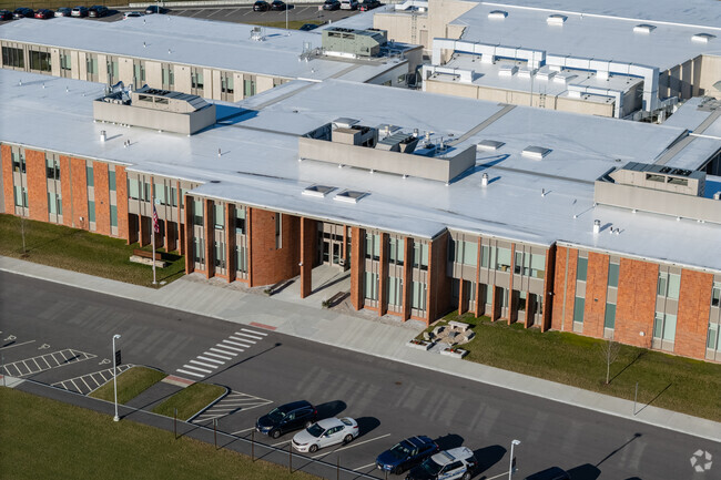 Modernist riffs on a classical in antis motif greet all at Westport Junior/Senior High School.