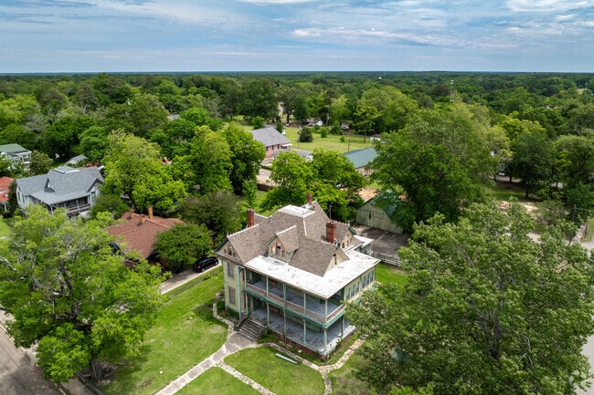 Many homes in Monticello are surrounded by tall trees.