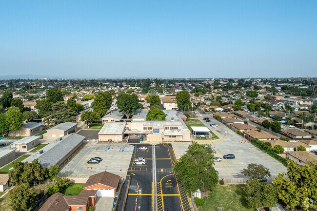 An aerial view of the pick up and drop off area at Washington Elementary School in Bellflower.