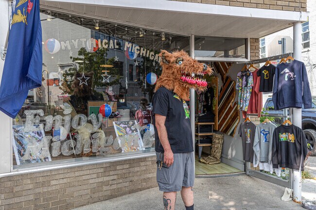 In Downtown Traverse, buy some apparel from the Michigan Dogman at Enjoy Michigan.