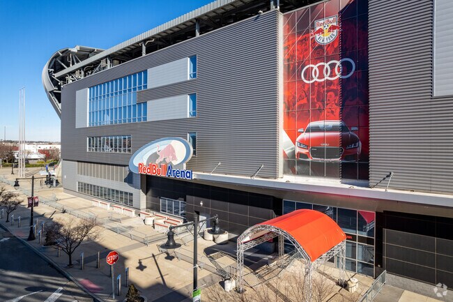 The VIP entrance and 'front' of red bull arena soccer stadium in Harrison.