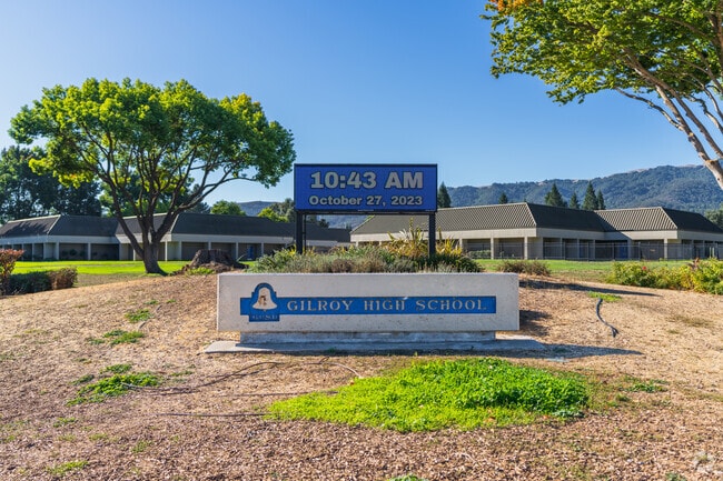 A Gilroy High School sign located at the corner of the campus.