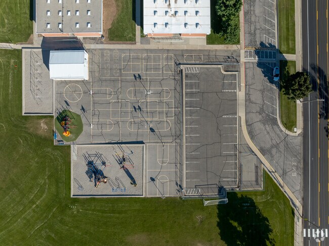 A bird’s eye view of the playground colored playground at Cottonwood Elementary School.