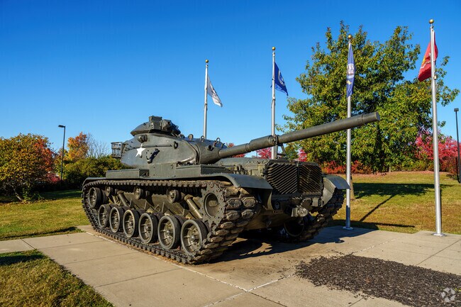 Veterans Park has a 1970s-vintage Army tank on display, along with flags of the armed forces.