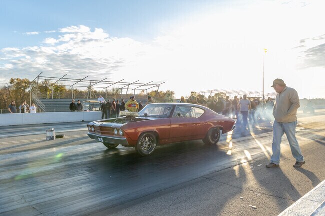 Drivers burn their tires for ultimate traction on the starting line at Tulsa Raceway Park.