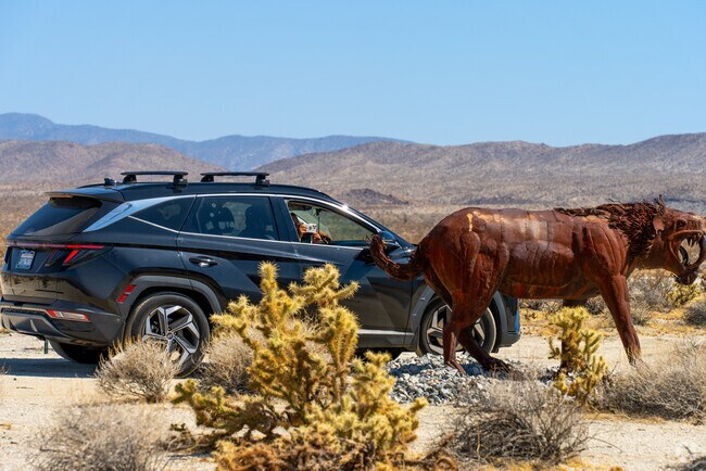 Visitors love taking pictures of massive desert statues in Borrego Springs’ wide-open scenic landscape.