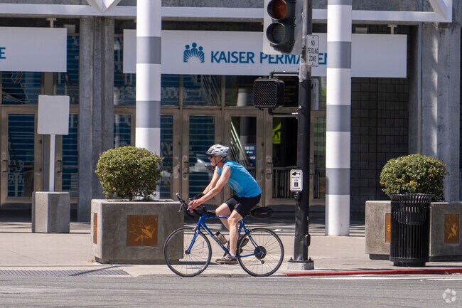 A biker riding around the SAP Center near Downtown San Jose.