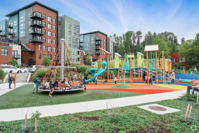 Totem Lake Park with newly built condos in the background, at the heart of Totem Lake.