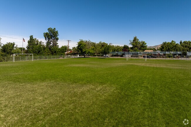 A green soccer field at Highland High School.