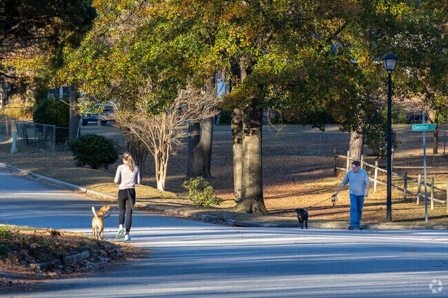 Residents walk their dogs on one of the wide quiet streets in the Woodside area.