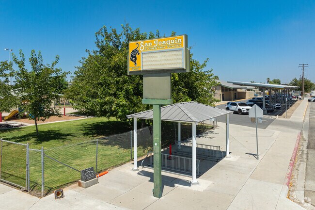 A larger marquee at the entrance to San Joaquin Elementary School informs parents of events.