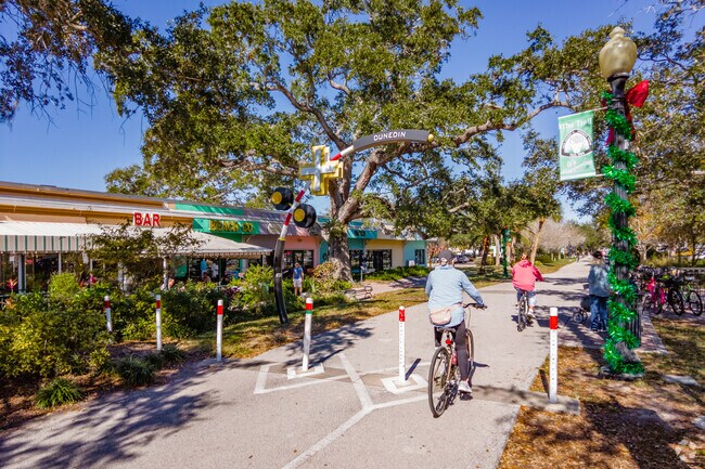 The Pinellas Trail connects cyclists and pedestrians with shops in Downtown Dunedin.