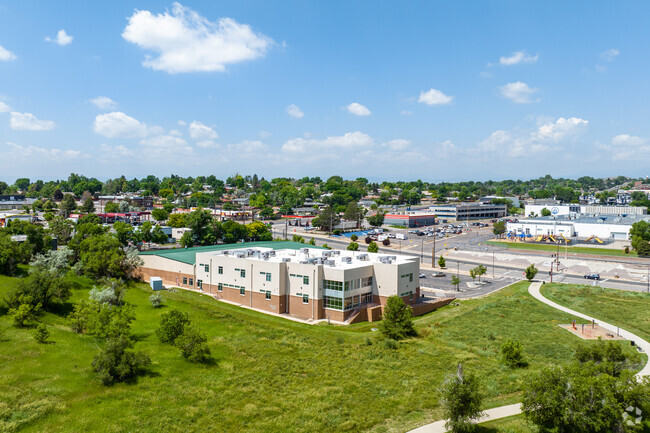 Aerial context view of Pinnacle Charter High School in Federal Heights, Colorado.