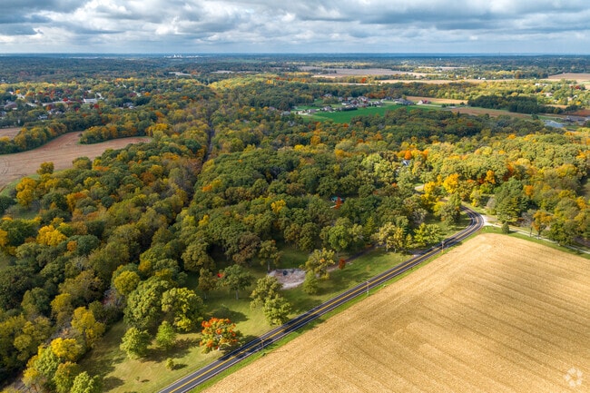 Morton's suburban layout bordered by farmland with retailers concentrated on the north end.