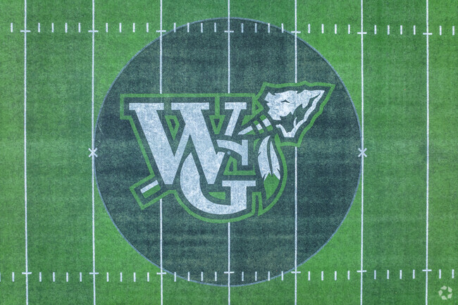 Close up shot of the logo at Center football field