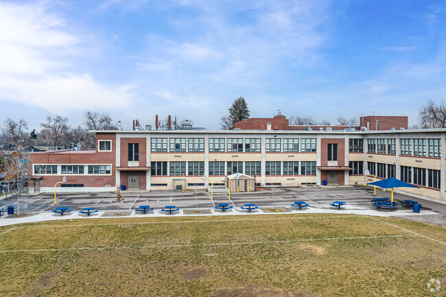 Grant Middle School on a winter day, field area.