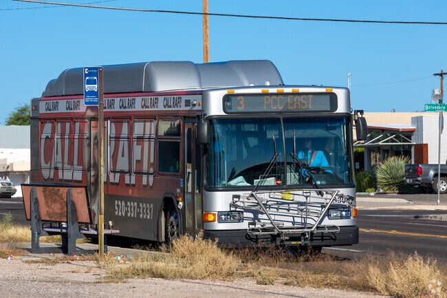 Sun Tran operates bus routes on all the main roads in Poets Square.