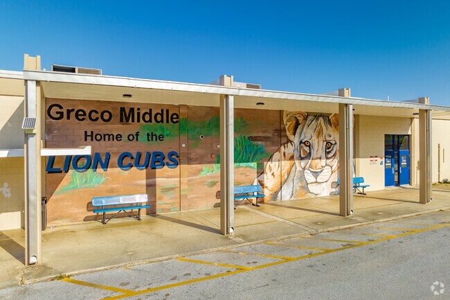 Tiger mural is painted at the entrance to Greco Middle School in Temple Terrace, FL.