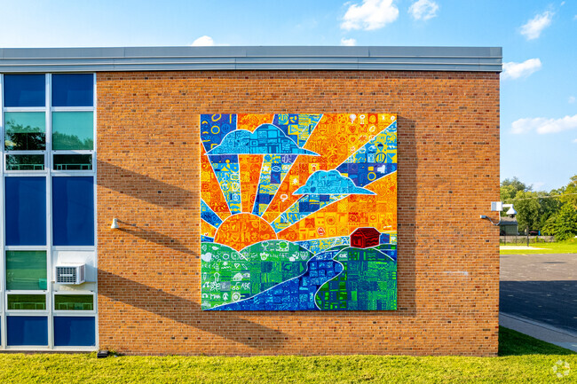 bright creative mural at A. Russell Knight Elementary School.