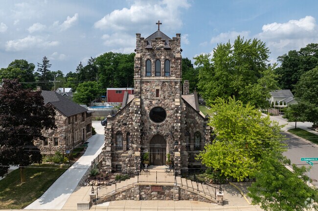 The historic stone church in Milford is a downtown landmark.