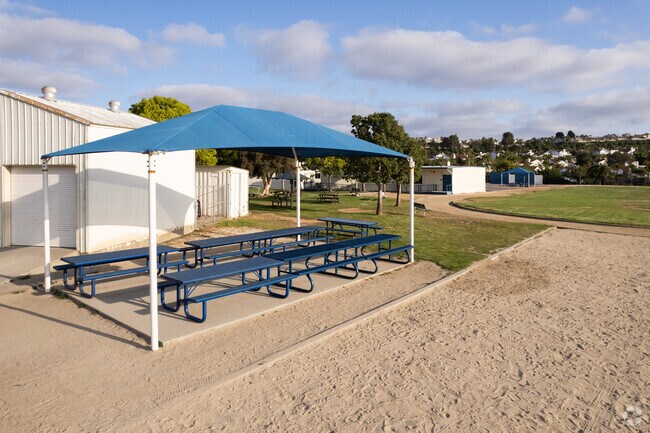Lunch benches next to the fields at Lake Elementary School in Vista.