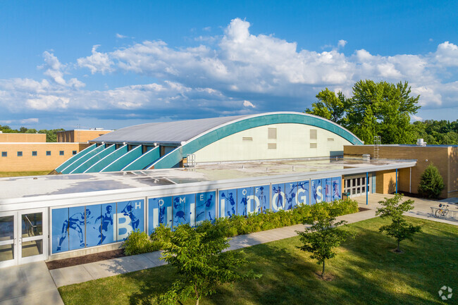An aerial view of the entrance to the gymnasium at Brandywine High School.