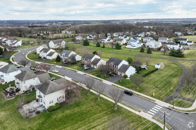 Aerial view of a newer development in Lower Salford Township showing spacious back yards.
