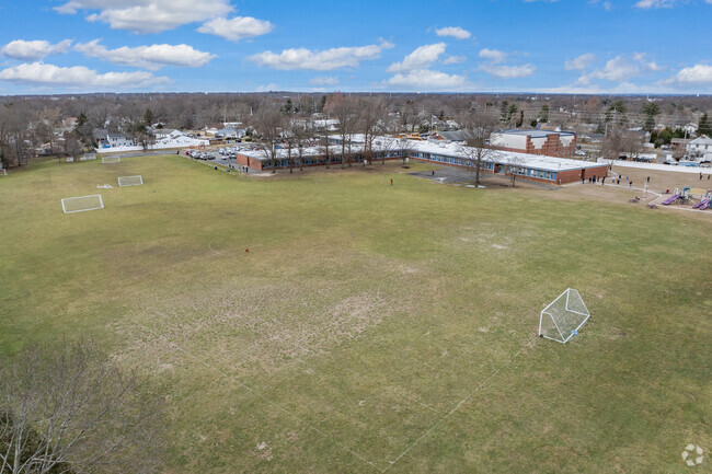 Strathmore Elementary School's soccer fields and play area.