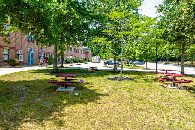 The picnic area at P. Brent Trottier Middle School in Southborough has shaded areas.
