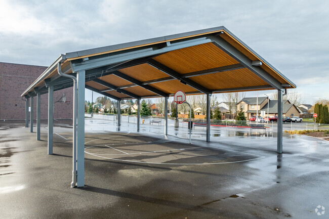 A covered basketball court behind Image Elementary School in Vancouver, WA.