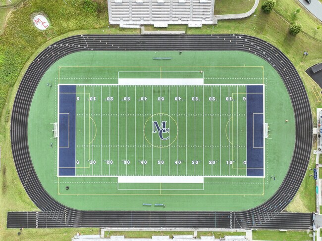 A birds eye view of the Mallard Creek High School football field  in Highland Creek. A high school that's always battling for state titles.