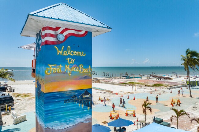 The mural on top of the tower at Little Times Square welcomes visitors to FMB.