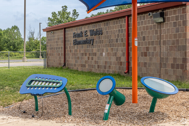 Frank E. Weiss Elementary School signage and play equipment in the city of Trenton.