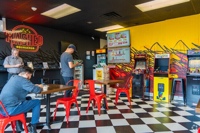 Mashed Burgers in Cliffside Park offers delicious burgers with a side of retro games.