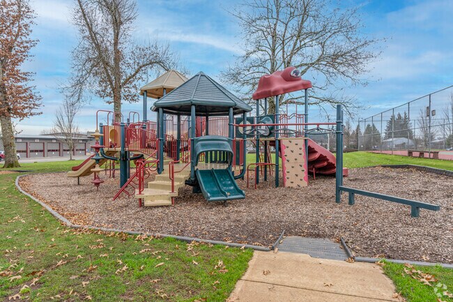Vibrant playgrounds at Sublimity City Park in Sublimity, OR.